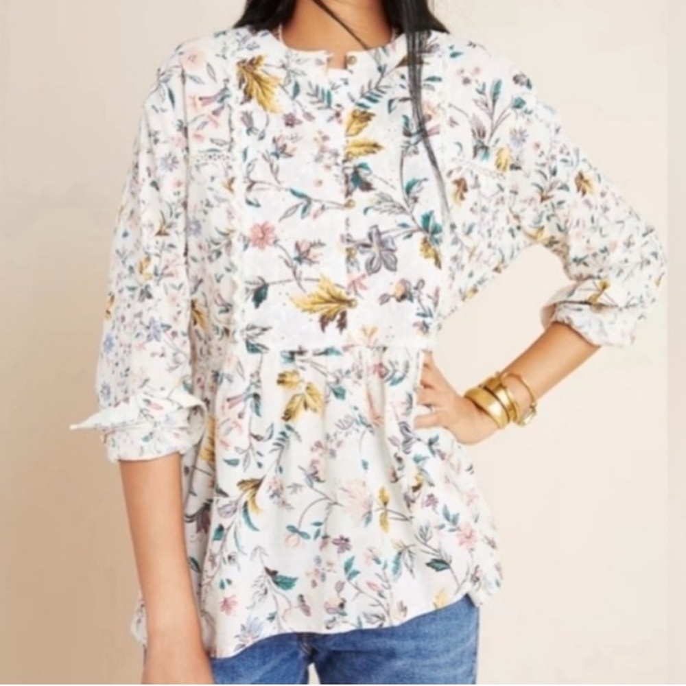 Anthropologie White and Blue Floral 3/4 Sleeve Blouse